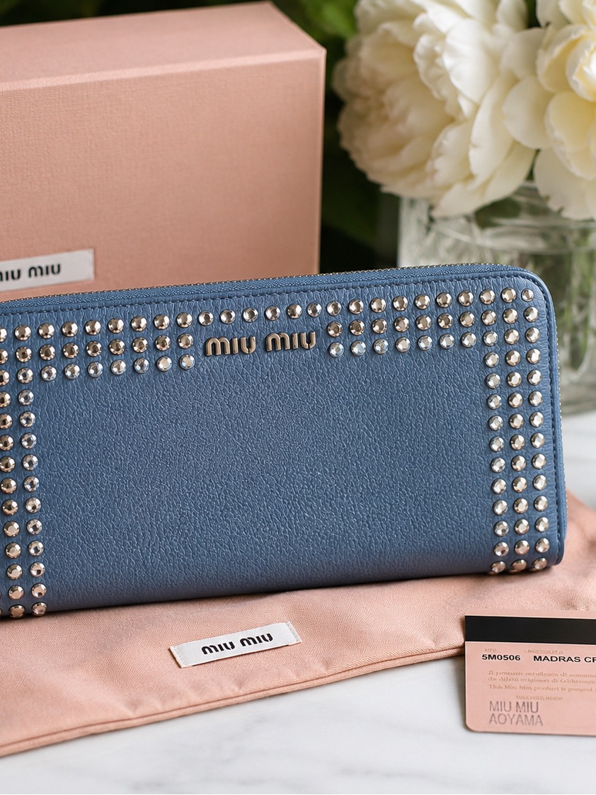 Miu Miu Madras Crystal Studded Zip Around Wallet Astrale Blue Leather 5m0506